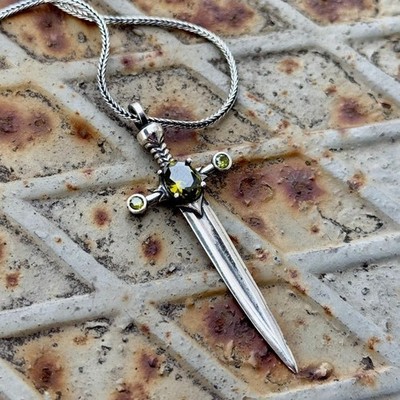 925 Silver Green Stone Sword Pendant, Unisex Sword Necklace