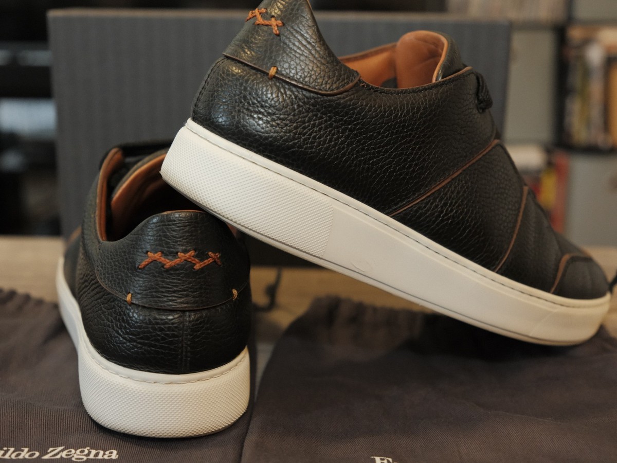 ERMENEGILDO ZEGNA TIZIANO BLACK / CAMEL BROWN LEATHER SNEAKERS