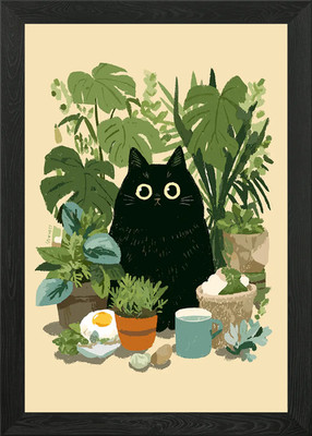 Schwarze Katze umgeben von Pflanzen Gerahmtes Wandbild Poster Leinwanddruck Bild