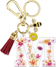 Alphabet Initial Letter Keychain Keyring for Women Girls Tassel Bee Flower Charm