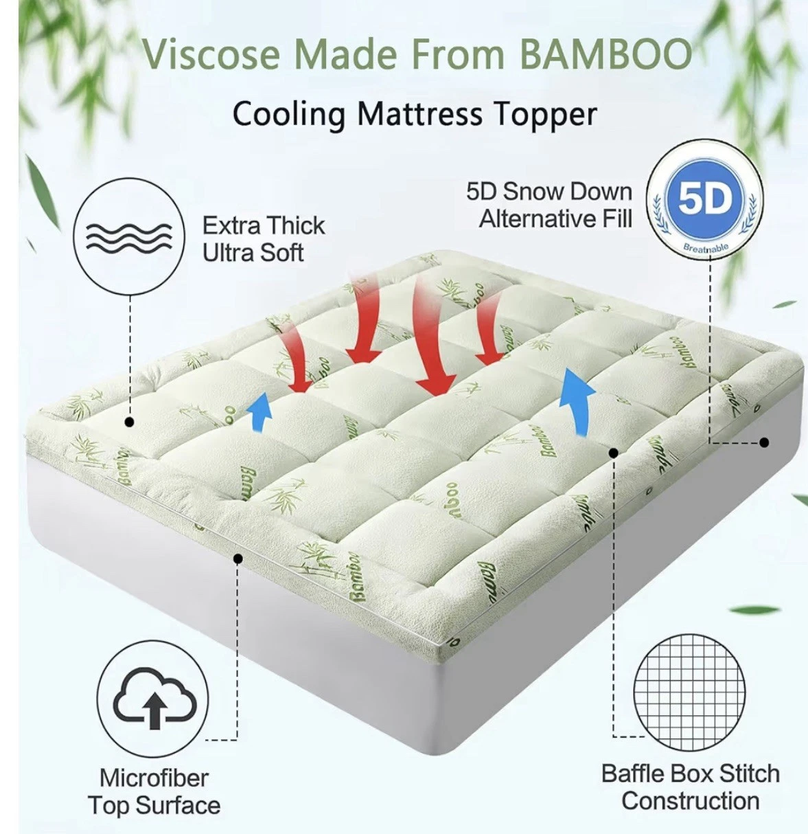 Full Size Premium Viscose Made from Bamboo Mattress Topper,1200 GSM Quilted