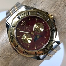 Vintage Guess Men Dress Day Date Moon Phase Two Tone Quartz 38mm Watch 7 1/2"