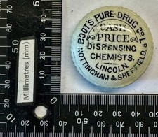 1890’s Transferred x3 Cities Pot Lid - BOOTS CASH CHEMIST, NOTTINGHAM etc (K289)
