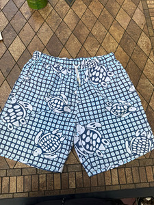 Peter Millar Men’s M Blue/White Geometric Turtle Swim Shorts Drawstring Pockets