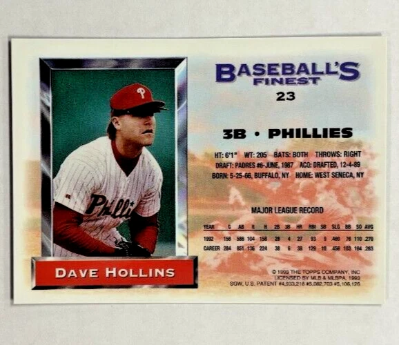 1993 Topps Finest Baseball Refractor Dave Hollins #23 Philadelphia Phillies Foto 2 de 3