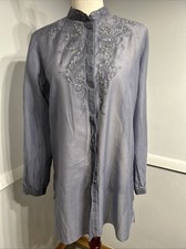 Elie Tahari Cotton-Silk Voile Tunic Blouse, Dusty Blue, Sz S, EUC