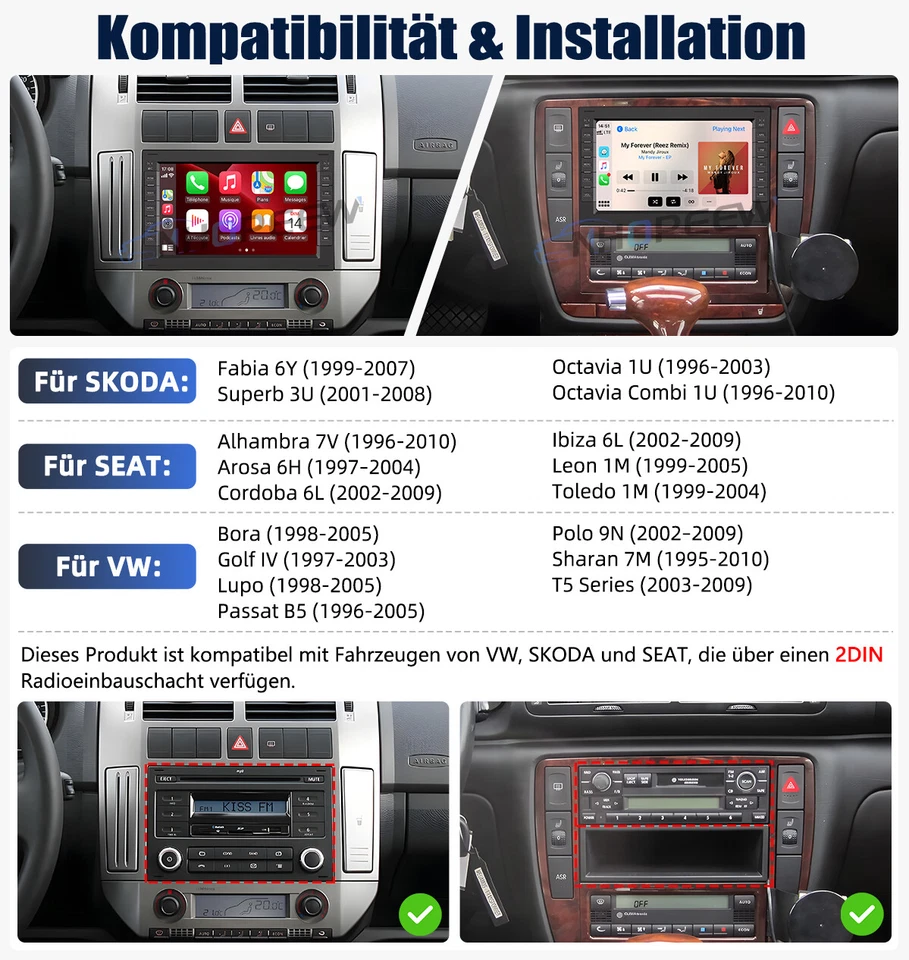 CarPlay Android Autoradio Für VW Polo 9N Golf 4 Passat B5 T5 GPS Navi RDS+Kamera - Bild 2 von 4