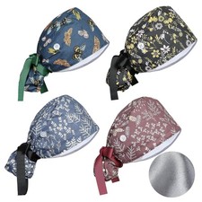 4 Pcs Satin Lined Scrub Caps Women Adjustable Nurse Surgical Hat with Buttons...