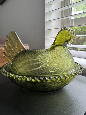 Vintage Olive Green Indiana Glass Hen on Nest Covered Dish 7 