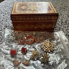 Vintage Womens Mixed Costume Jewelry Lot 12pc Earrings Brooch Ring Wood Box