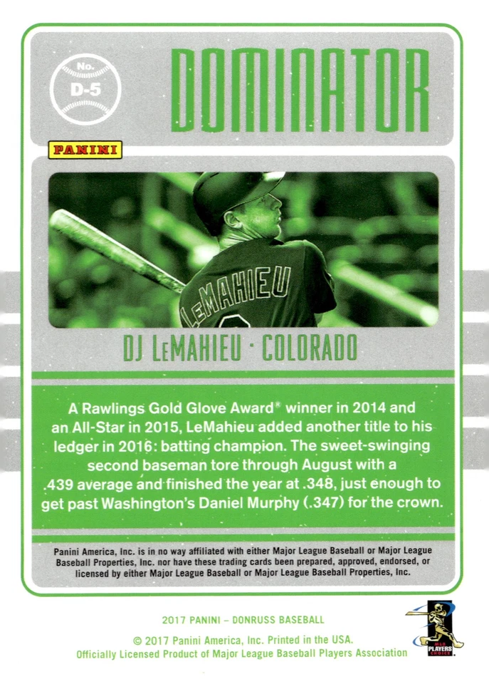 2017 Donruss #D-5 D.J. LeMahieu Dominators Silver #/349 - Image 2 of 2