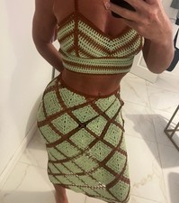 Zara Crochet Knit Co Ord Brown Green Boho Long Skirt Crop Top S RRP 70