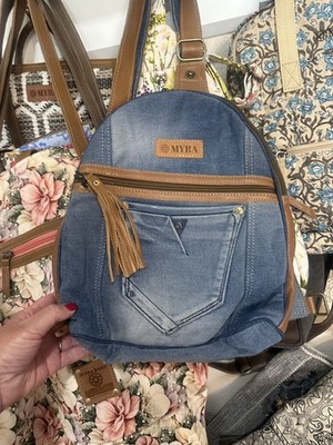 Myra Women's Blue/Brown Zip Backpack with Fringe Tassel and Front Zipper Pocket