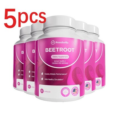 5Packs of Rosabella Organic Beetroot Capsules (1300mg) for Blood Flow & Heart He