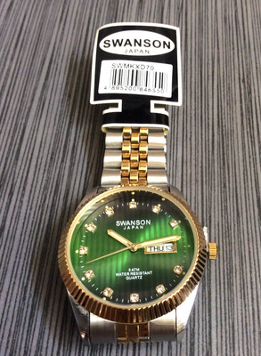 SWANSON Men's Watch Day & Date Green Dial Crystal Hours Two Tone Linked Band New