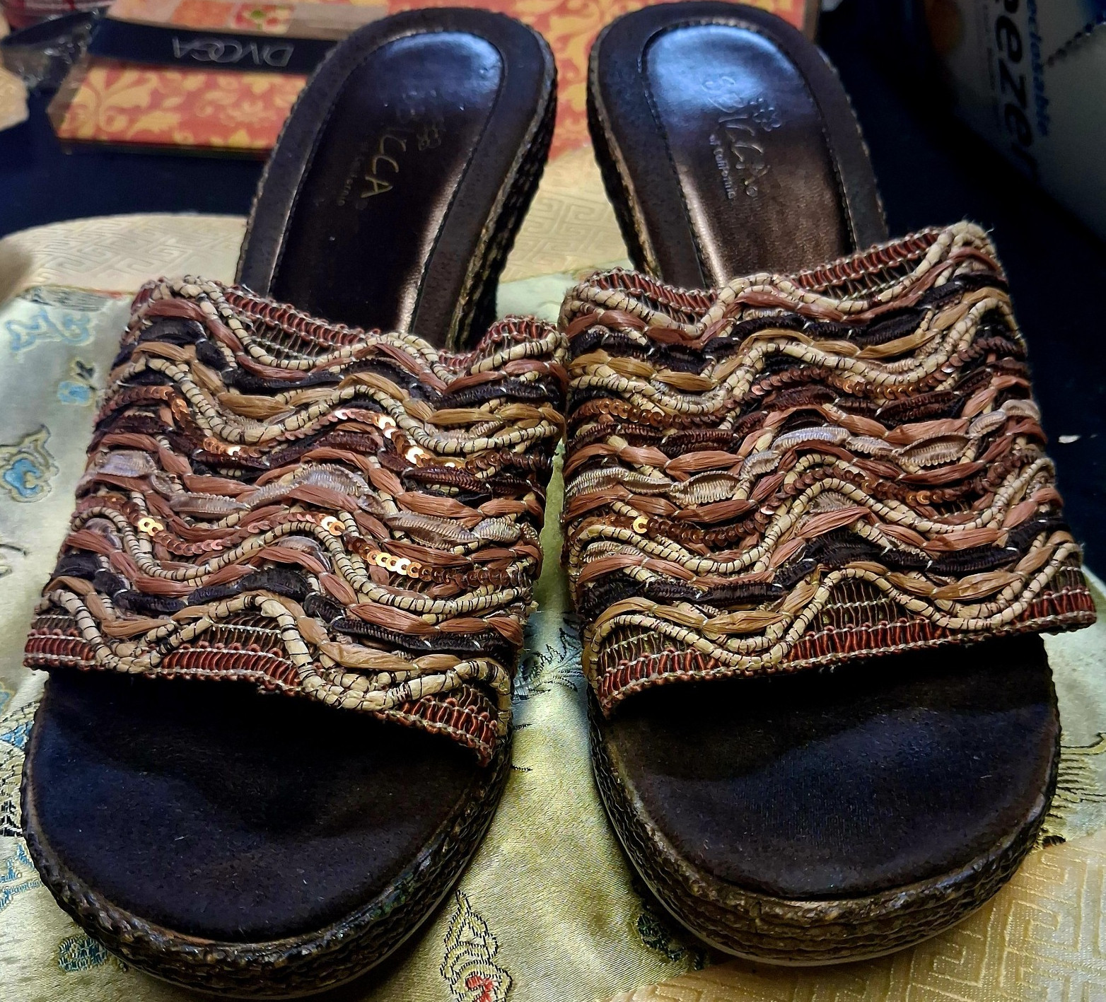 Sbicca Women's Brown Beaded Leather Wedge Slide Sandals Slip-On Size 9