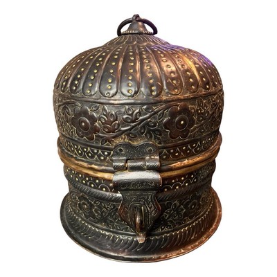 Exquisite Antique Islamic-Mughal Engraved & Gilt Enamel Domed Box, Persian/India