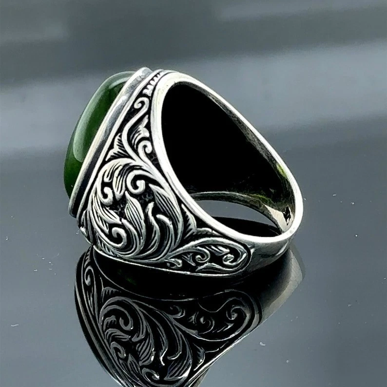 Anillo grabado en plata 925 estilo otomano piedra jade plata para hombre Foto 4 de 4