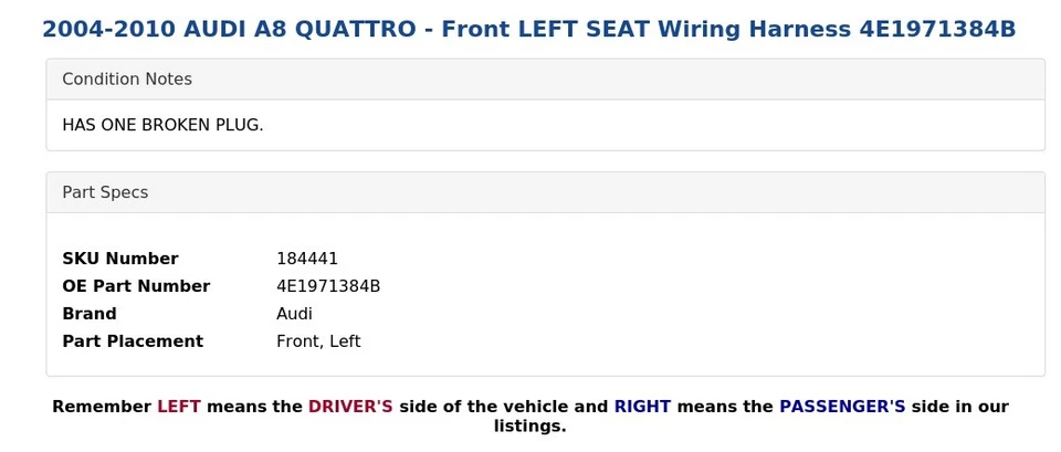 AUDI A8 QUATTRO 2004-2010 - Arnés de cableado asiento delantero izquierdo 4E1971384B Foto 4 de 4