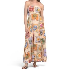 Paper Heart Botanical Stamp Maxi Dress Womens Large Strapless Linen Blend