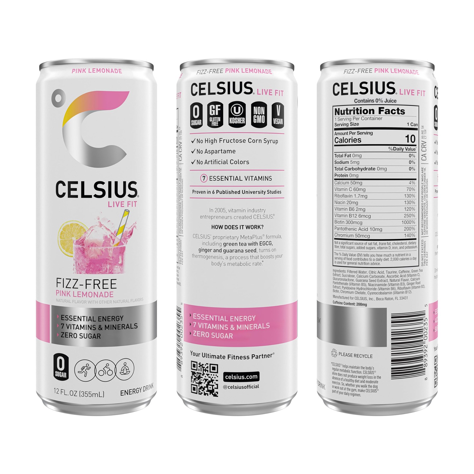 CELSIUS Fizz Free Pink Lemonade, Sugar Free Energy Drink, 12 Fl Oz (Pack of 12)