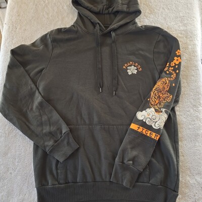 Men's M(38-40)Pullover Hoodie Olive Green w/ Orange&White Graphic B5