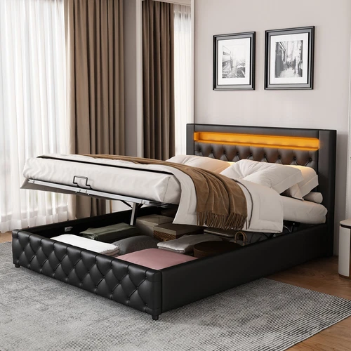 LED Light Functional Upholstered Bed with Slatted Frame and Storage Space - Picture 5 of 26