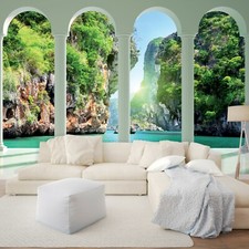 Vlies Fototapete Wasserfall 3D EFFEKT Terrasse Wald Wohnzimmer Insel Natur See 4