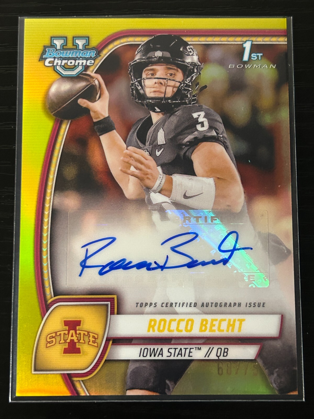 2024 Bowman University Chrome Rocco Becht Iowa State Rookie Yellow Auto /75