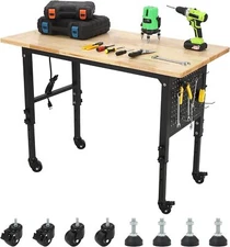 Adjustable Height Workbench 48"x 24" Work Bench Table w/ Power Outlets & Wheels