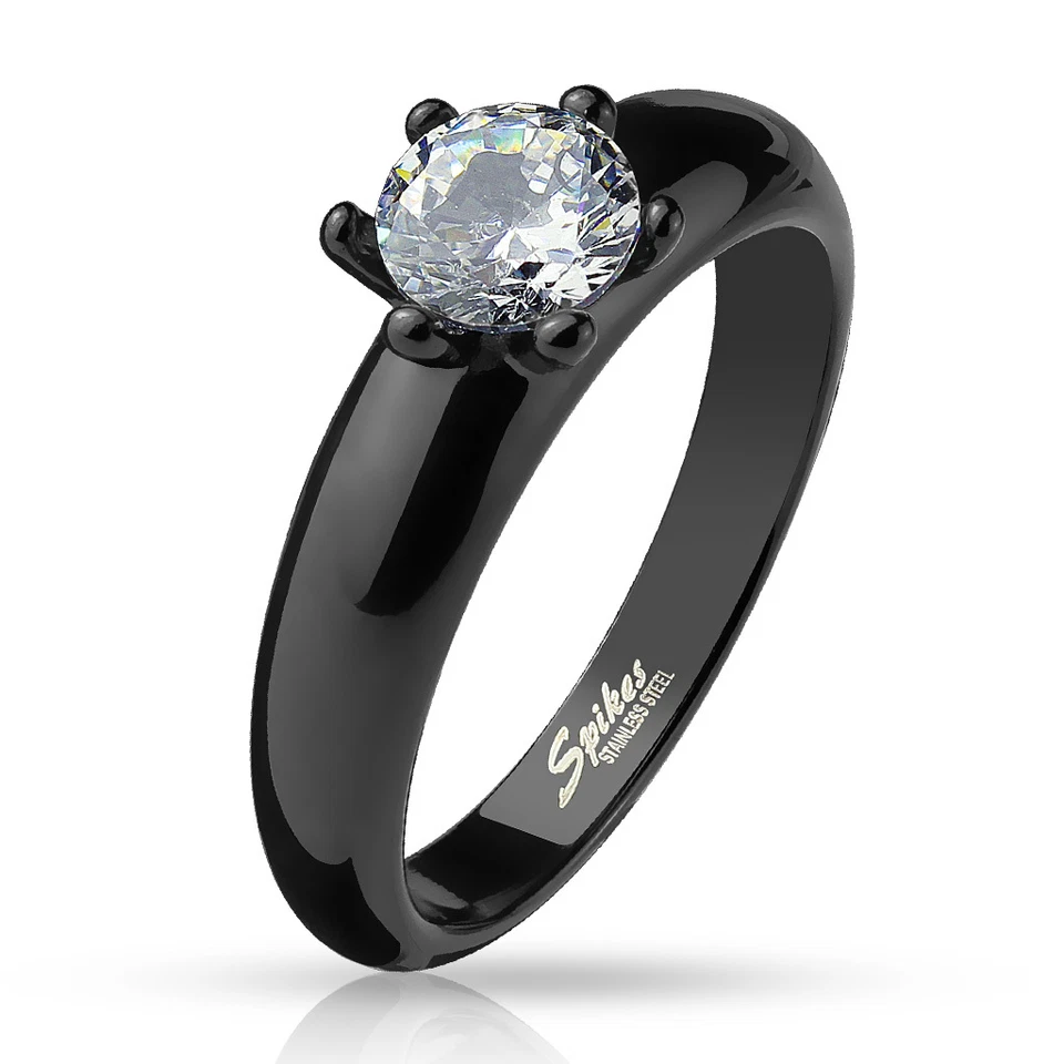 316L Edelstahl Ring Mit Klarem CZ Zirkonia Kristall Black IP Schwarz Damen