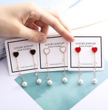 Sterling Silver 925 Enamel Heart Pearl Cubic Zirconia CZ Stud Drop Earrings PE17
