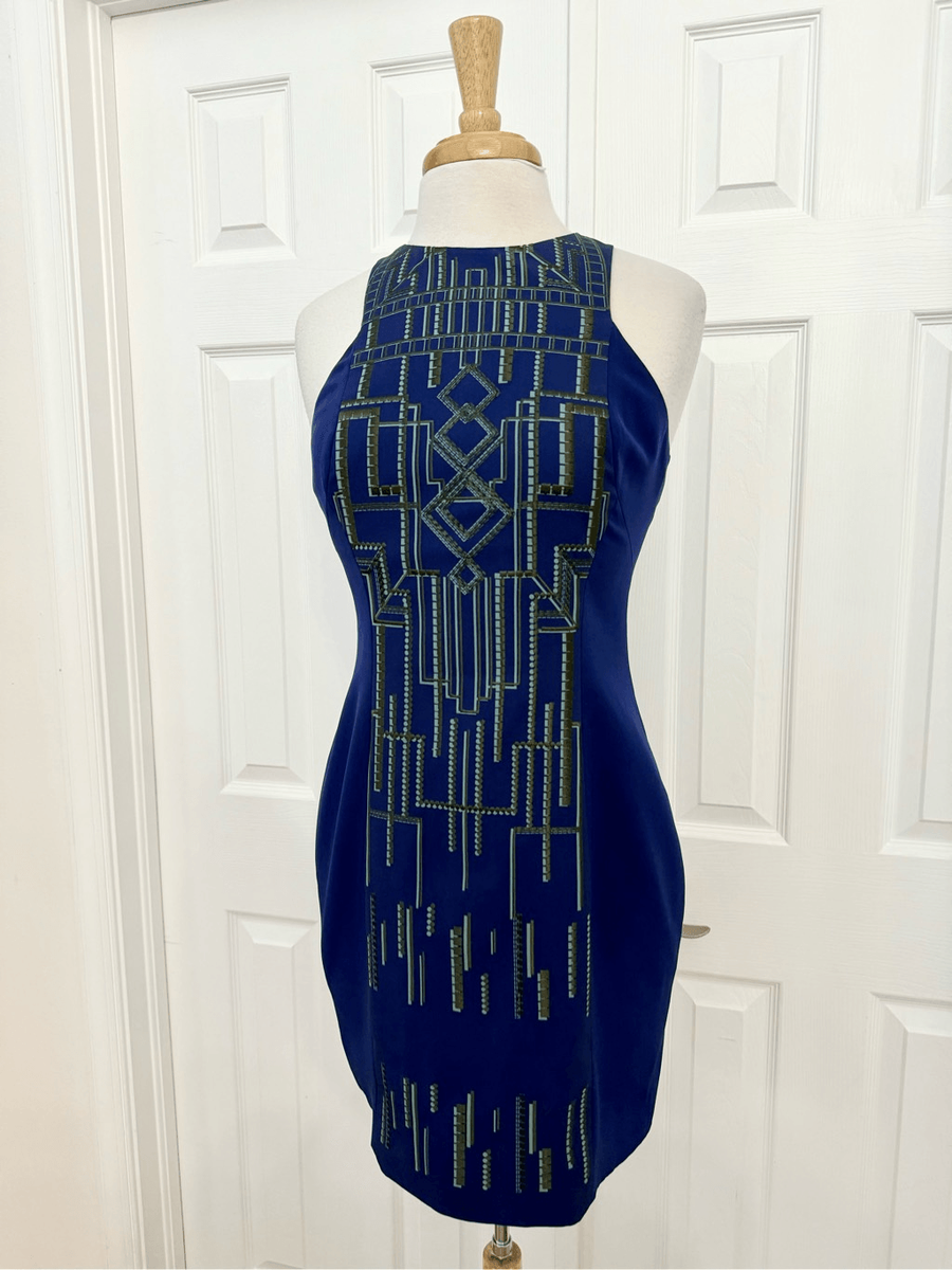 Karen Millen Womens Navy Blue Tribal Print Embroidered Pencil Dress Size 8  | eBay