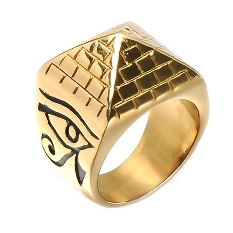 Mens Gold Egyptian Pharaoh Eye of Horus Pyramid Ring Gold Men Size
