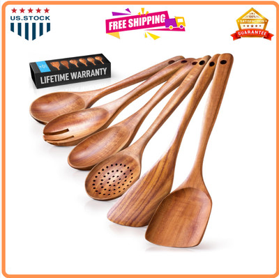 Zulay Kitchen 6pcs Teak Wooden Spoon Set   Smooth,Non-Stick Utensils for Cooking
