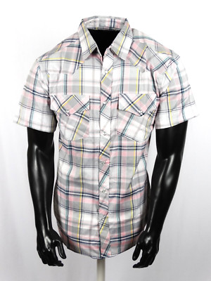 Men's Western Gray Pink Plaid Shirt Short Sleeve Snap Up Two Flap Pockets