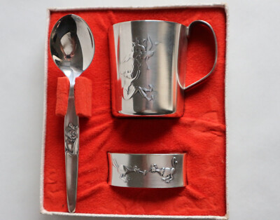 vintage WMF Taufset Max Moritz Silber 90, OVP, Becher, Löffel, Serviettenring