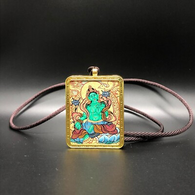 Blessed Handmade Green Tara Thangka Painting Pendant, Amulet