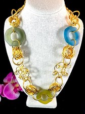 PERFECT SUMMER BEACH WEAR GOLDTONE WIRE NECKLACE FROSTED ROUND SEA GLASS PENDANT