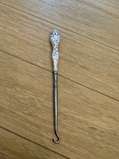Antique H Mark Sterling Silver Handle Button Hook Floral Scrolling Design