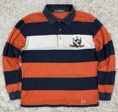 Felix Buhler Polo Shirt Men s Medium Orange Striped Equestrian Horseback Riding