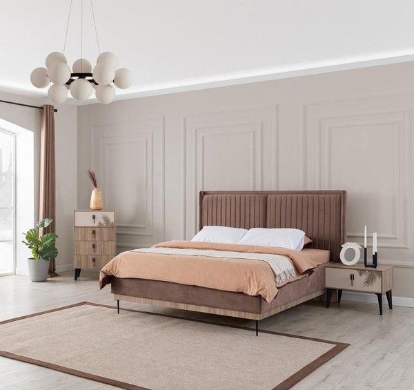 Braunes Schlafzimmer Doppelbett Designer Holz Moderne 2X Nachttische-image