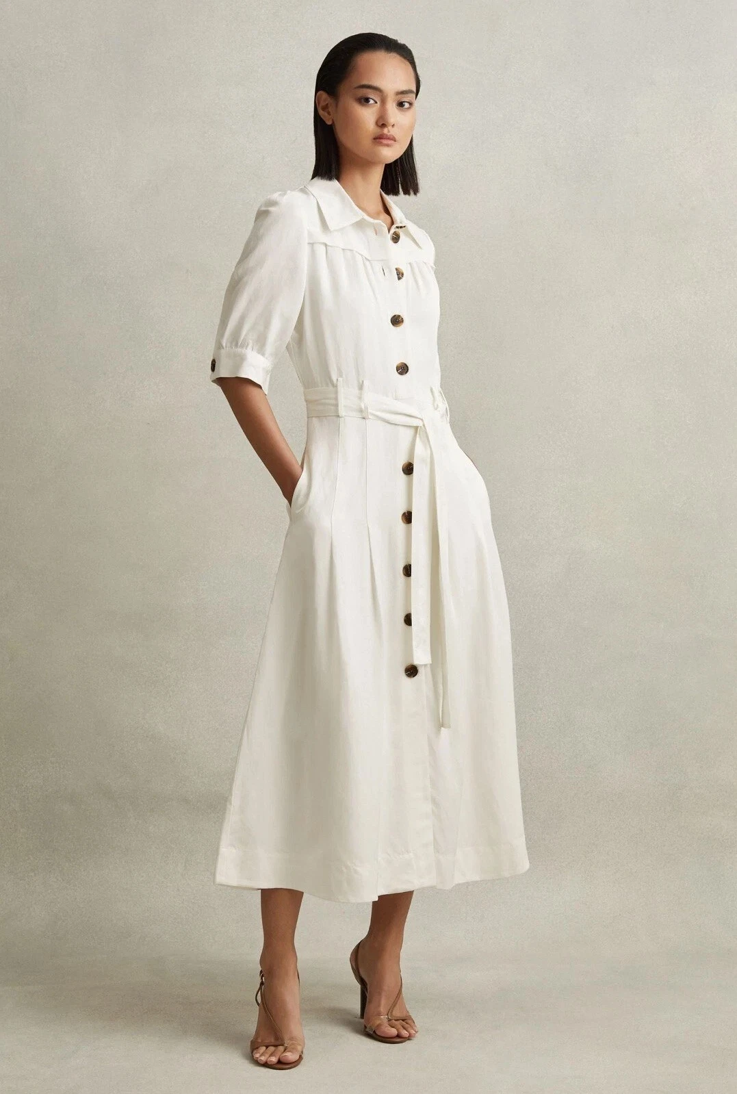REISS Malika Belted Cap Sleeve Midi Dress in White