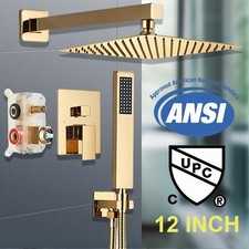 Polished Gold 12'' Bathroom Rain Head Combo System Shower Faucet Set Mixer Valve
