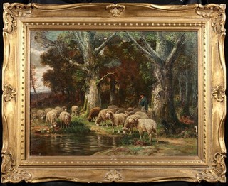 JAMES DESVARREUX (1847 1937) SIGNED AMERICAN FRENCH BARBIZON OIL SHEPHERD FLOCK