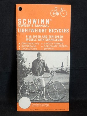 1974 Schwinn Lightweight Bicycle Owners Manual 5 & 10 Speed Models w Derailleurs