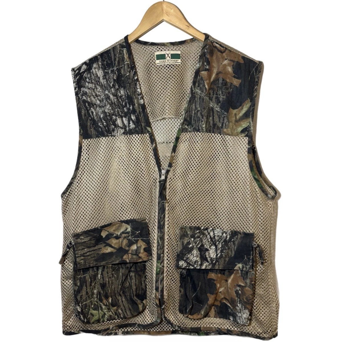 Vintage Game Winner Vest Men Size XL Beige Camo Woodland Polyester Shell Pockets