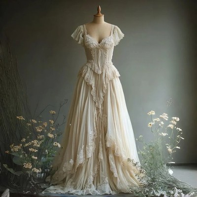 Light Champagne Medieval Vintage Lace A-line Prom Dresses Ruffle Small Tail Hot
