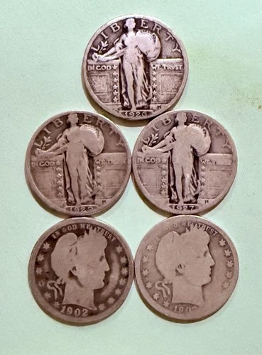 Lot Of 5 Quarters~Standing Liberty’s & Barbers~Various Years