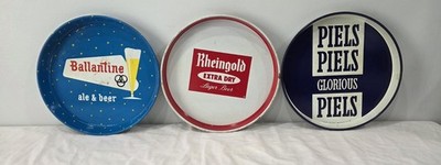 3 Vintage Beer Serving Trays  Ballantine Rheingold Piels 12  Metal Breweriana